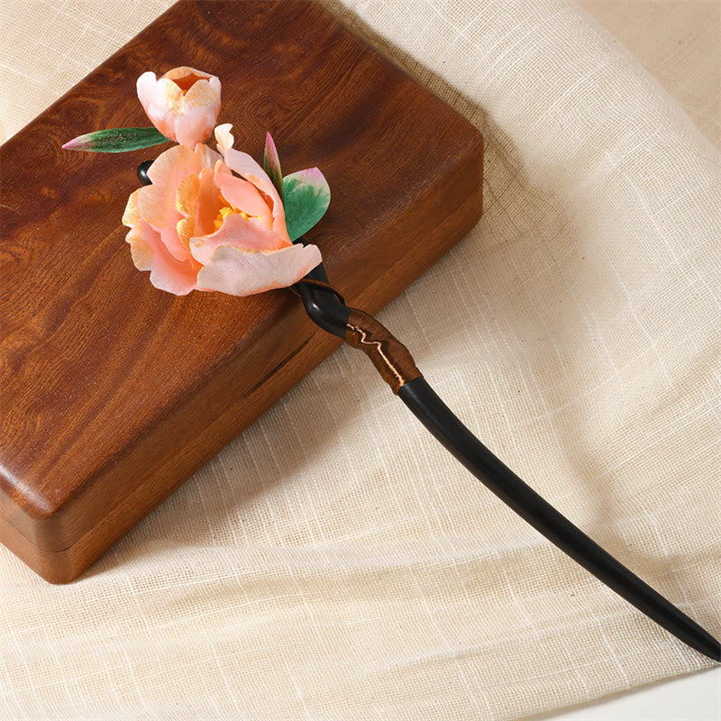 Intangible Cultural Heritage Craft Ebony Wood Silk Flower Butterfly Pearl Blessing Hairpin