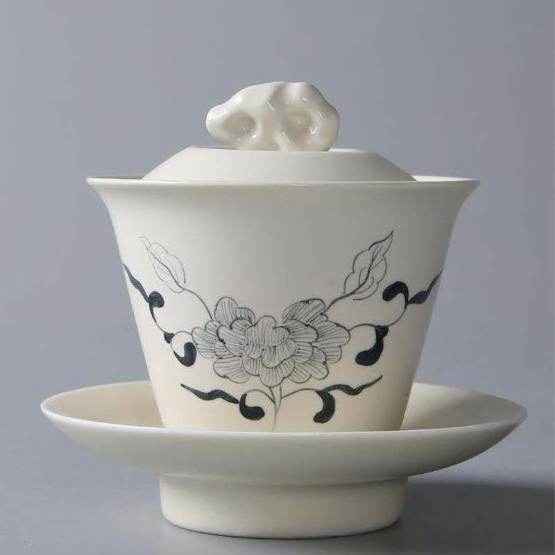 Hand Painted Pomegranate Hibiscus Pine Lotus Ceramic Gaiwan Sancai Teacup Kung Fu Tea Cup And Saucer With Lid