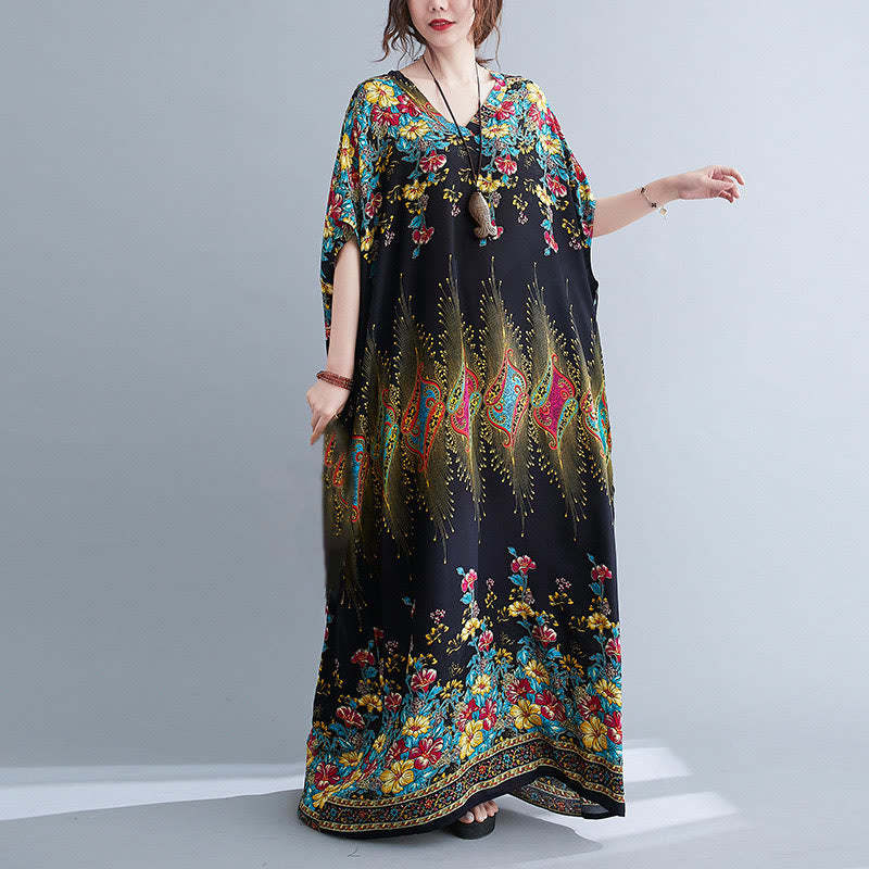 Casual Loose Printing Flower Pattern V-Neck Half Sleeve Design Polyester Midi Dress With Pockets