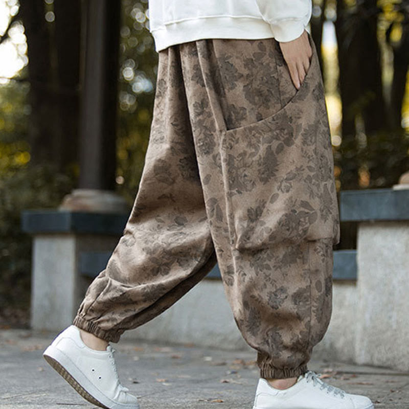 Casual Flower Corduroy Cotton Men's Pants With Big Pockets
