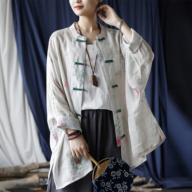 White Red Flowers Green Leaves Frog-Button Long Sleeve Ramie Linen Jacket Shirt
