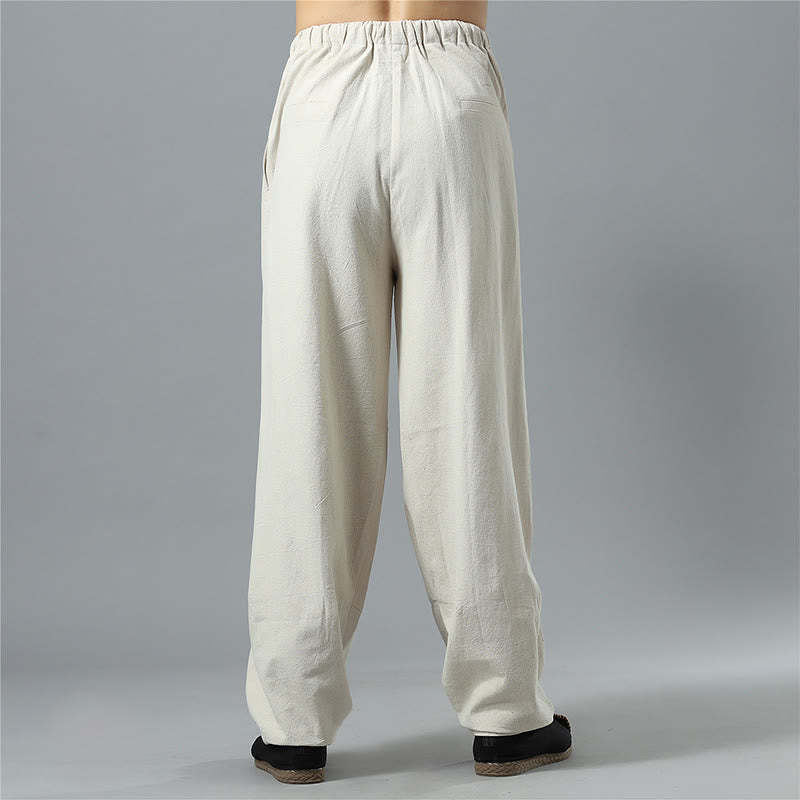 Casual Solid Color Drawstring Cotton Linen Men's Pants With Pockets