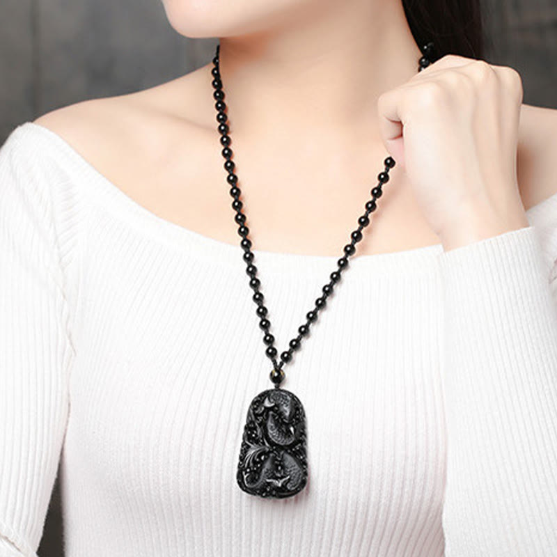 Black Obsidian Koi Fish Engraved Strength Beaded Necklace Pendant