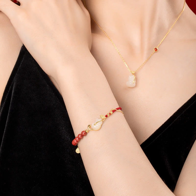 925 Sterling Silver Plated 18K Gold Hetian Jade Ruyi Cat Cinnabar Luck Bracelet Necklace Pendant Set