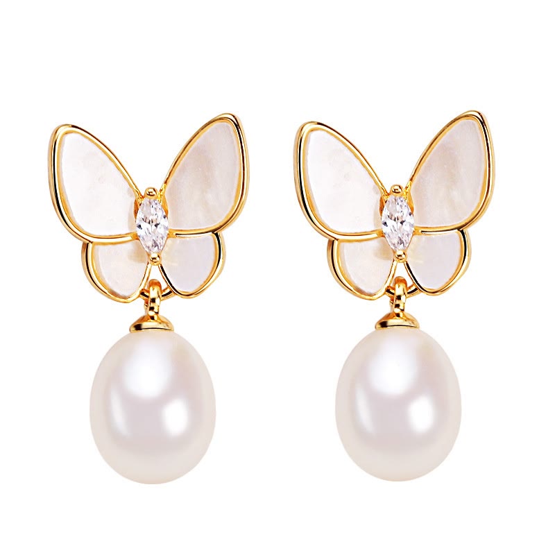 925 Sterling Silver Posts 18K Gold Plated Copper Pearl Butterfly Optimism Stud Earrings