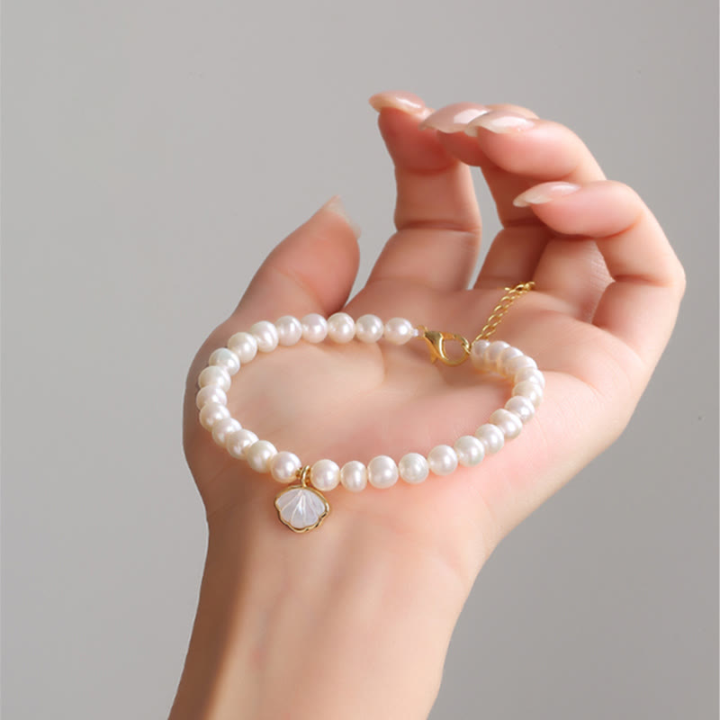 14K Gold Plated Natural Pearl Crystal Shell Charm Bead Bracelet