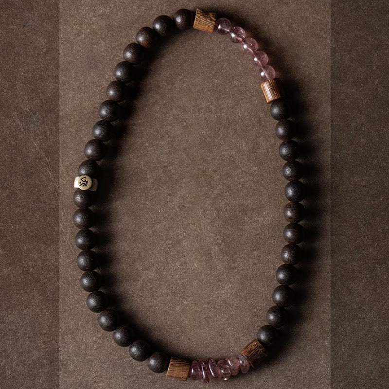 925 Sterling Silver Chinese Zodiac Natal mystic zen Agarwood Strawberry Quartz Peace Double Wrap Bracelet