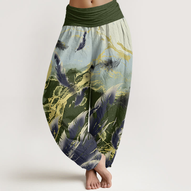 Casual Floating Feathers Sky Pattern Women's Elastic Waist Harem Pants