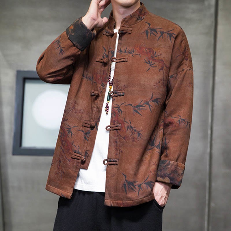 Frog-Button Chinese Tang Suit Long Shirt Cotton Men Jacket Clothing