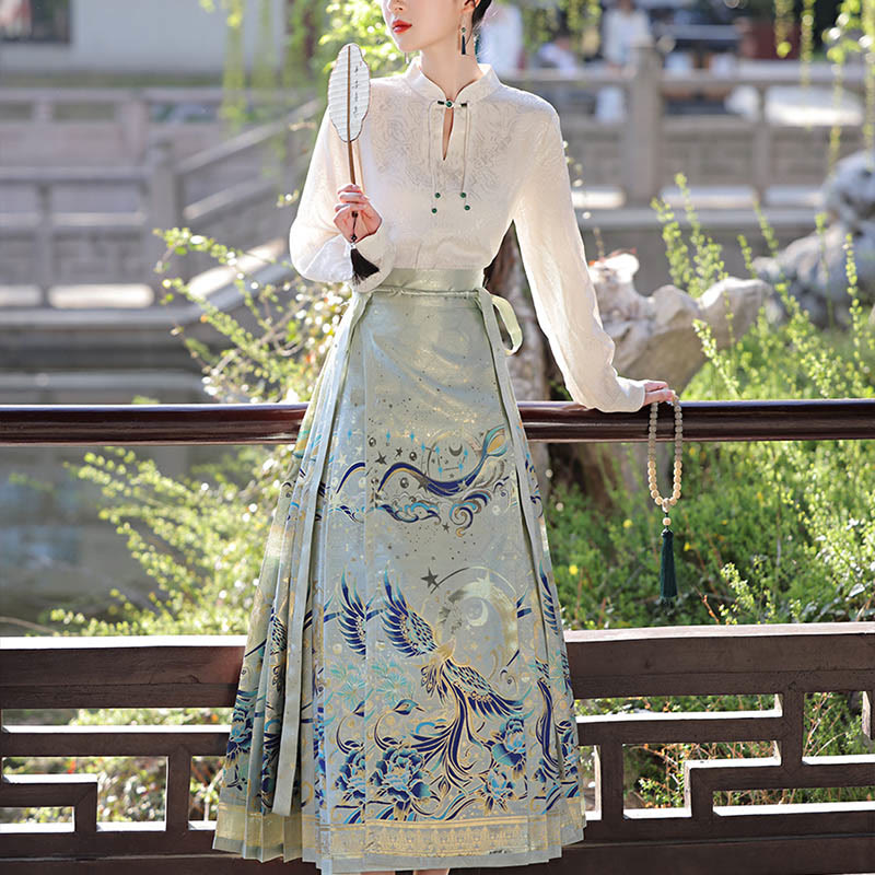 Green Phoenix Printed Chinese Hanfu Horse Face Skirt Mamianqun