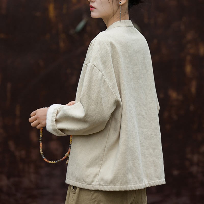 Retro Solid Color Thermal Long Sleeve Ramie Linen Women's Shirt