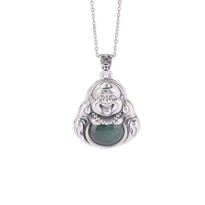 999 Sterling Silver Laughing mystic zen Cyan Jade Lotus Success Necklace Chain Pendant
