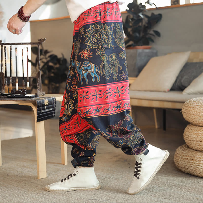 Colorful Camel Figure Pattern Cotton Men's Harem Pants With Pockets