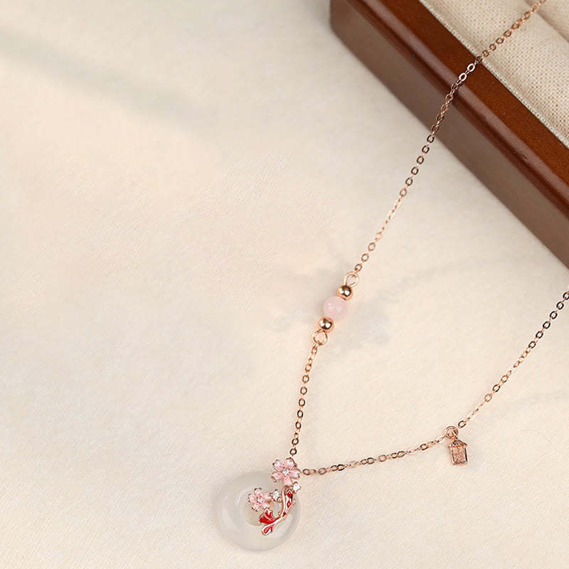 Chalcedony Pink Crystal 925 Sterling Silver Flowers Koi Fish Peace Buckle Positive Necklace Pendant