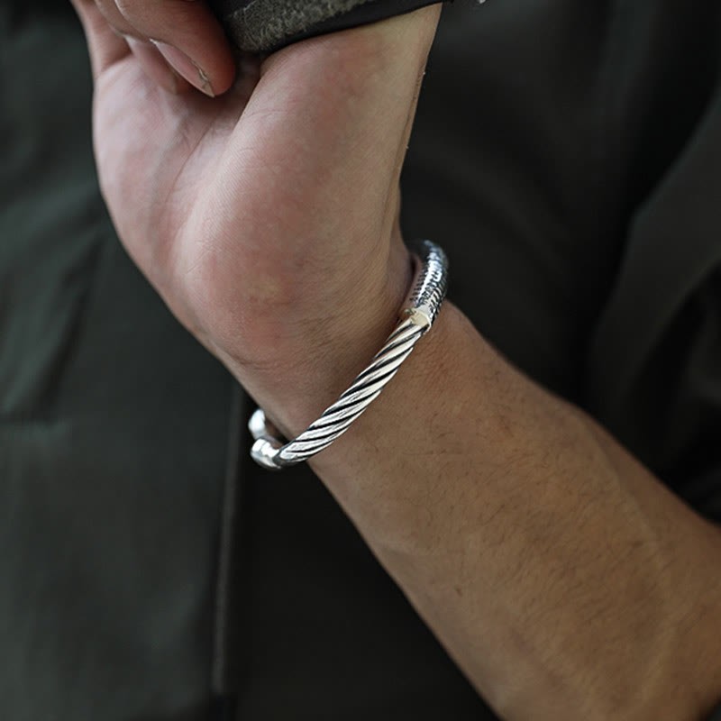 999 Sterling Silver Six True Words Heart Sutra Braided Design Lotus Protection Bracelet Bangle