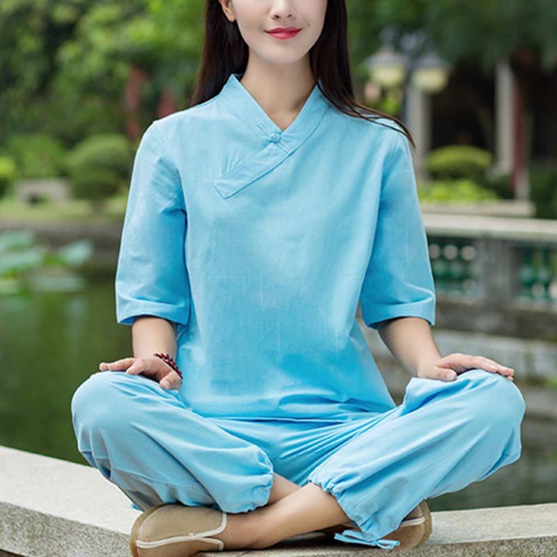 2Pcs Half Sleeve V-Neck Shirt Top Pants Meditation Zen Tai Chi Linen Clothing Women's Set