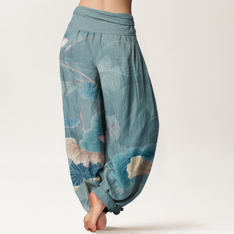 Lotus Flowers Leaves Pattern Women's Elastic Waist Harem Pants
