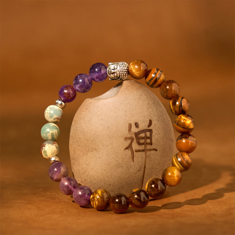 Natural Black Onyx White Stone Green Aventurine Tiger Eye Agate Mixed Color mystic zen Head Protection Bracelet