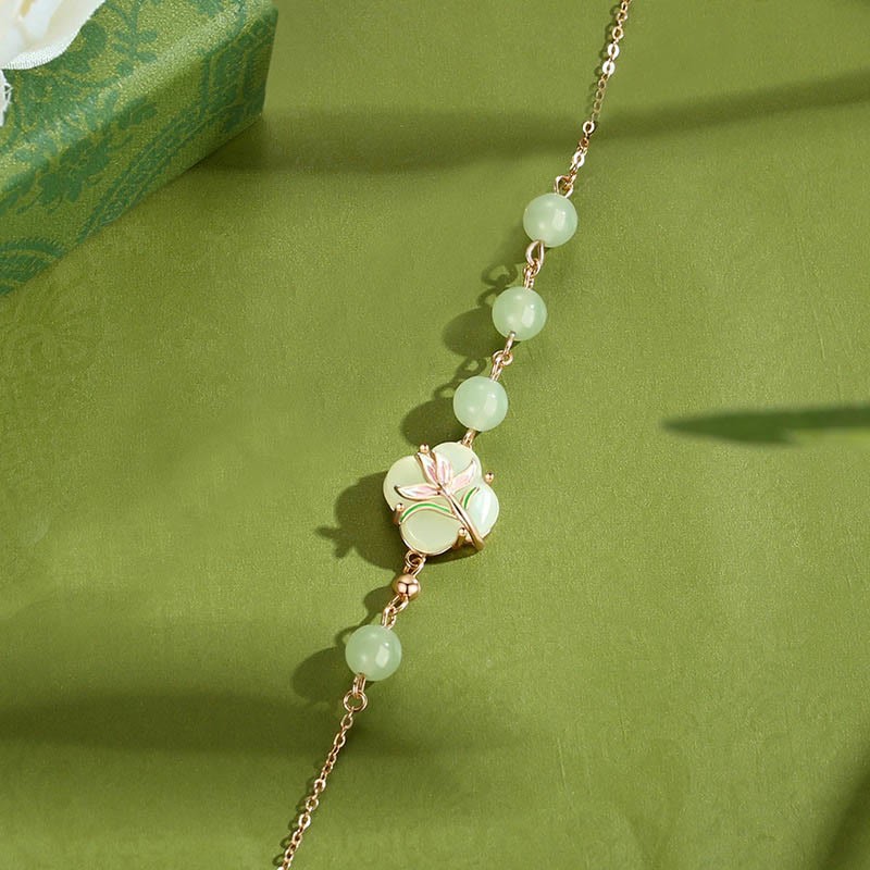925 Sterling Silver Magnolia Hetian Jade Beads Four Leaf Clover Blessing Bracelet