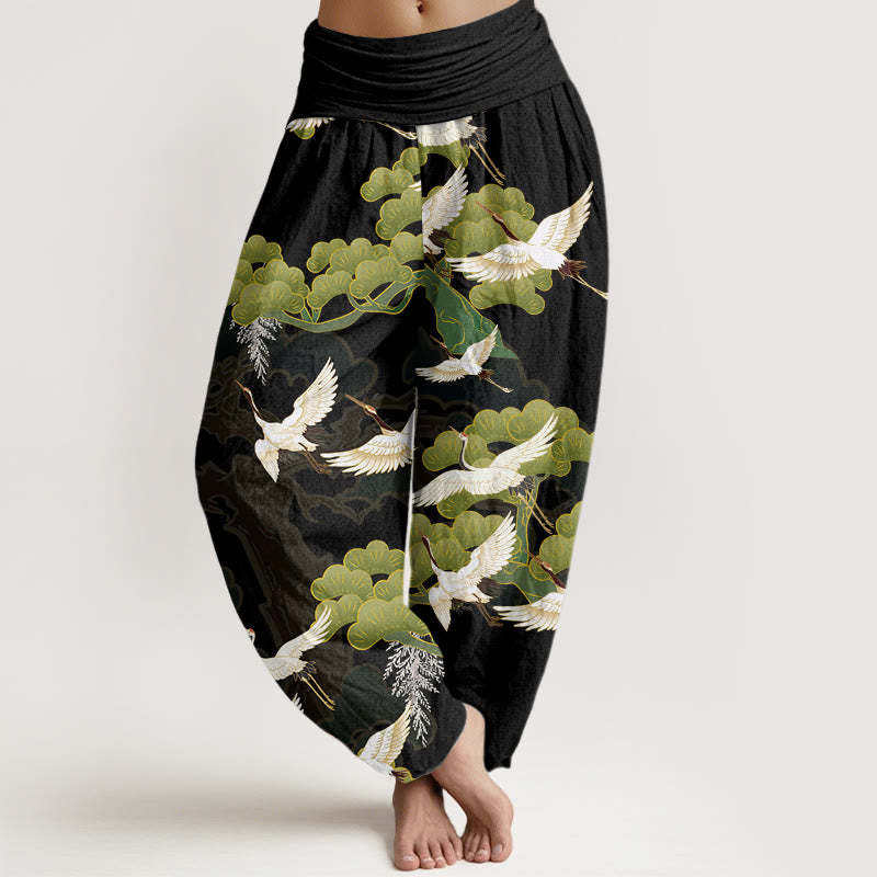 Crane Pine Tree Totem Pattern Women's Elastic Waist Harem Pants