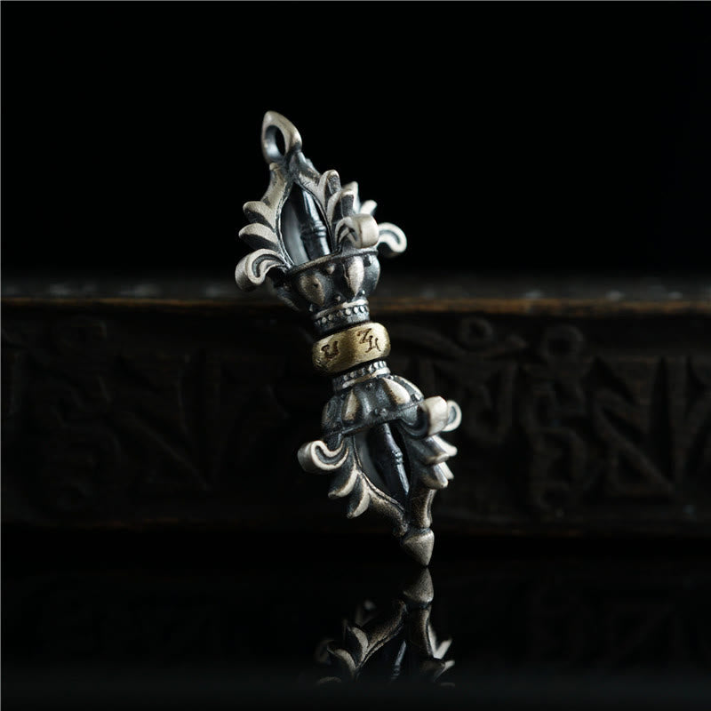 925 Sterling Silver Om Mani Padme Hum Dorje Vajra Engraved Strength Pendant Hanging Decoration