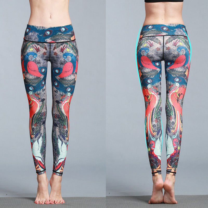Red Blue Peacock Feather Print Pants Sports Fitness Yoga Leggings Women's Yoga Pants