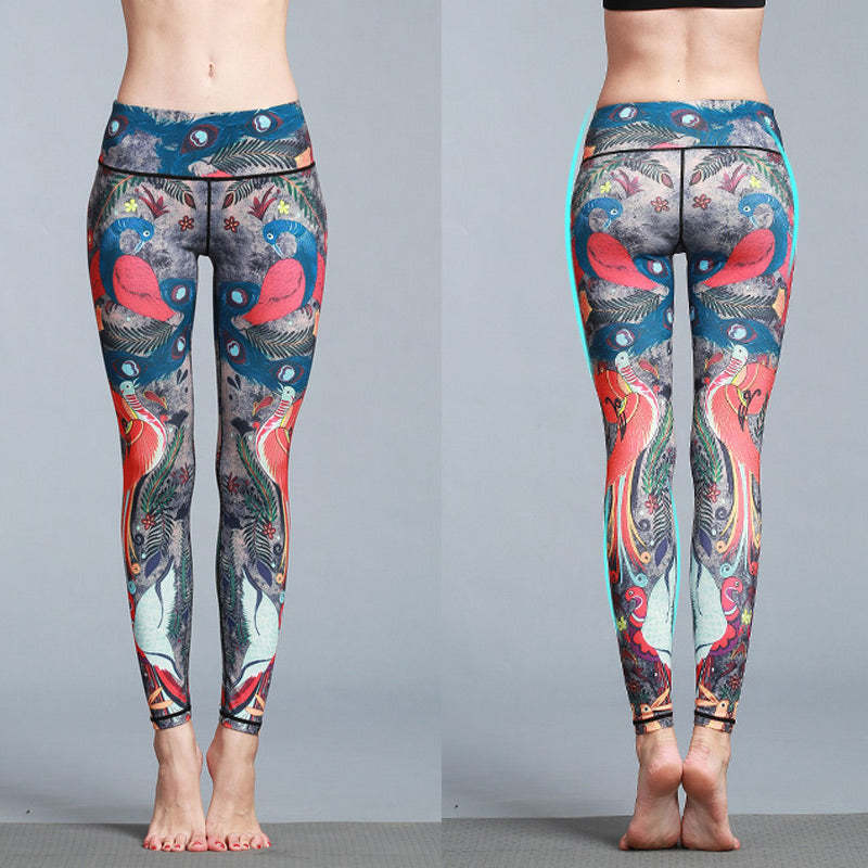 Red Blue Peacock Feather Print Pants Sports Fitness Yoga Leggings Women's Yoga Pants