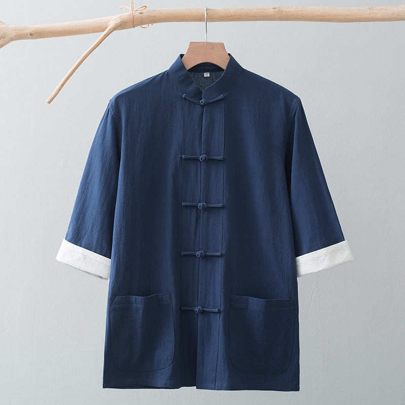 Frog-Button Chinese Tang Suit Half Sleeve Shirt Cotton Men Clothing With Pockets