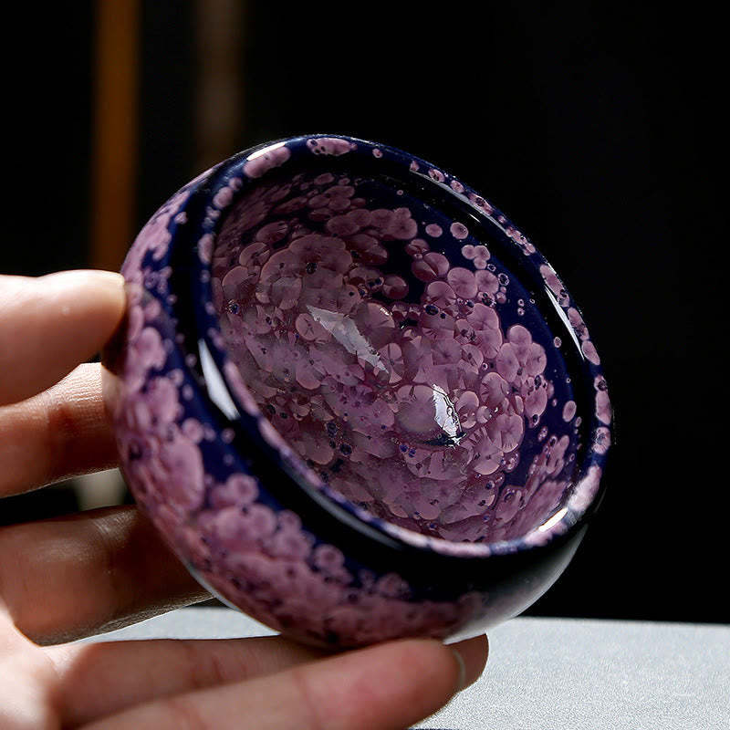Colorful Iris Flowers Chinese Jianzhan Kiln Change Porcelain Teacup Tenmoku Kung Fu Tea Cup