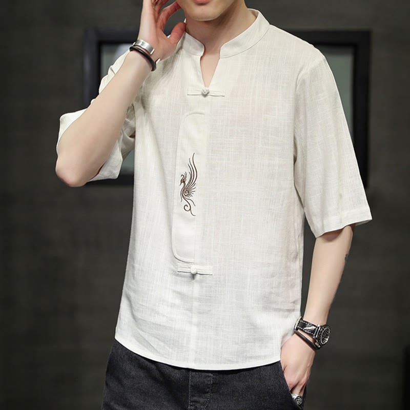 Frog-Button Phoenix Embroidery Chinese Tang Suit Short Sleeve Shirt Cotton Linen Men Clothing