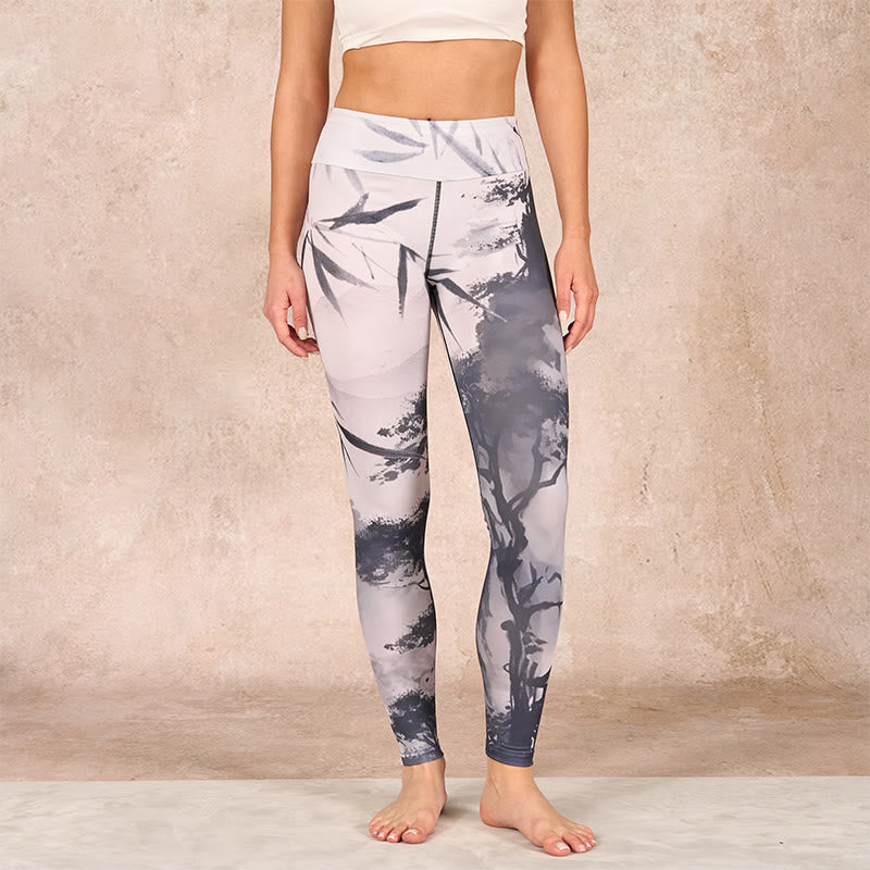 Ink Bamboo Pine Mountains Print Gym Leggings Women's Yoga Pants