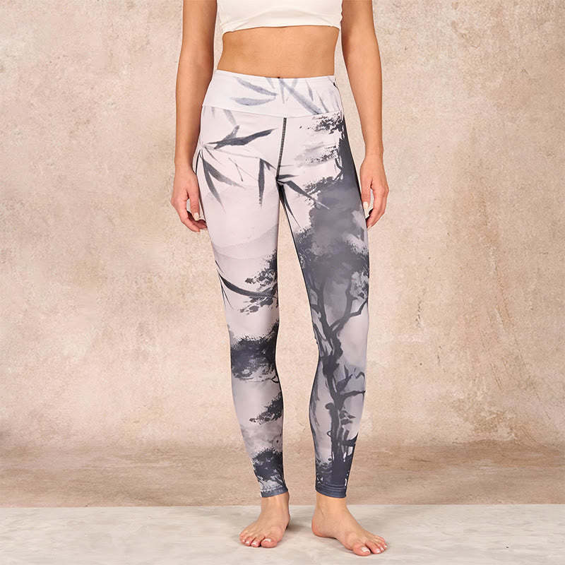 Ink Bamboo Pine Mountains Print Gym Leggings Women's Yoga Pants