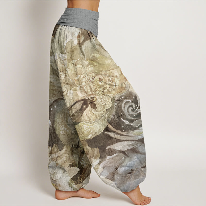 Phoenix Lotus Pattern Women's Elastic Waist Harem Pants