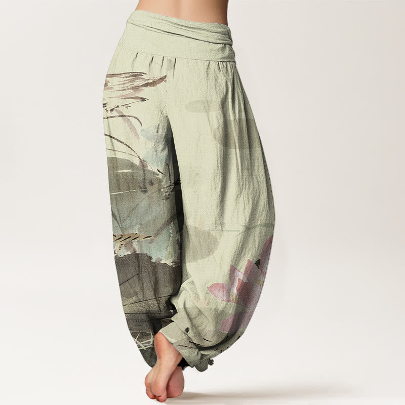 Pink Lotus Leaves Bird Pattern Women's Elastic Waist Harem Pants