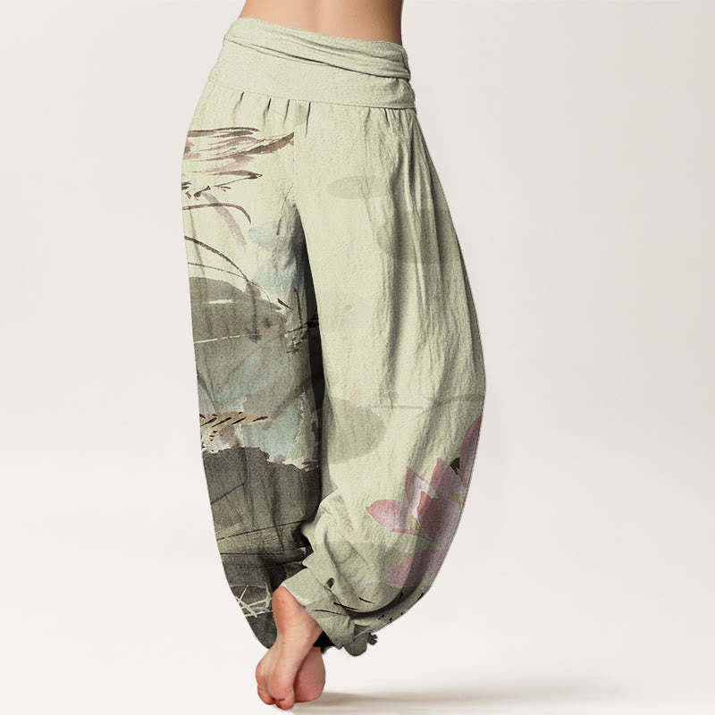 Pink Lotus Leaves Bird Pattern Women's Elastic Waist Harem Pants