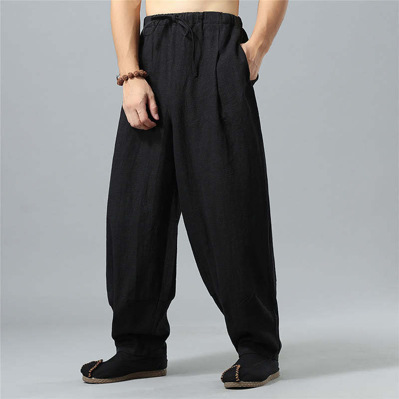 Casual Solid Color Drawstring Cotton Linen Men's Pants With Pockets