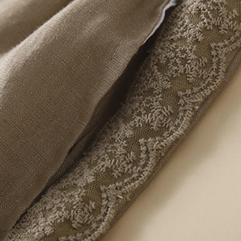 Plain Color Flower Embroidery Side Linen Women's Pants With Pockets
