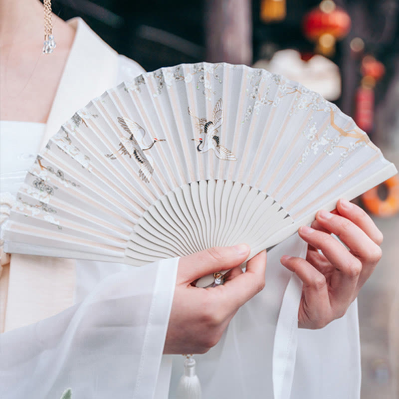 Crane Plum Blossom Handheld Silk Bamboo Folding Fan