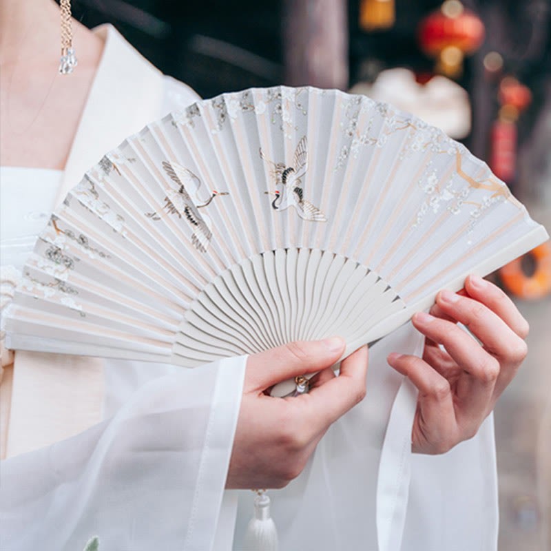Crane Plum Blossom Handheld Silk Bamboo Folding Fan