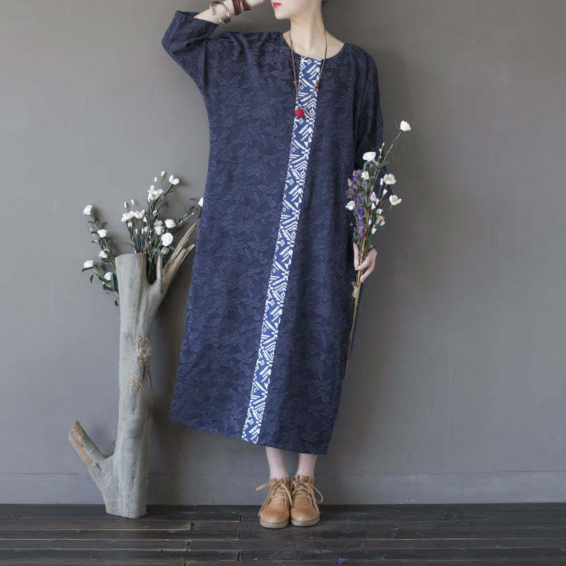 Blue Flowers Embroidery Jacquard Midi Dress Three Quarter Sleeve Cotton Dress With Pockets
