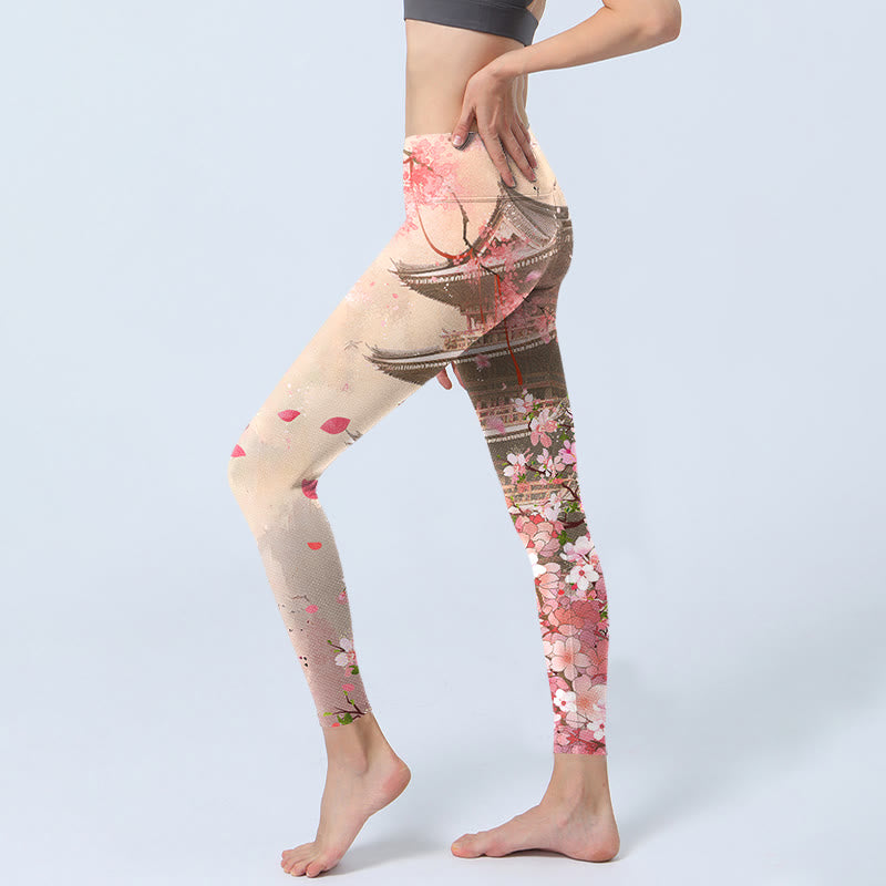 Pink Sakura Antique Building Print Fitness Leggings Women's Yoga Pants