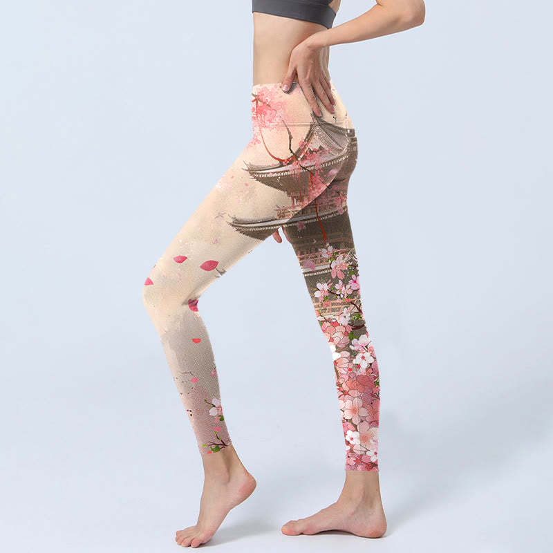 Pink Sakura Antique Building Print Fitness Leggings Women's Yoga Pants