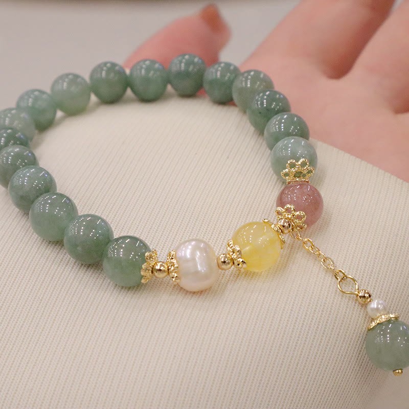 Jade Pearl Strawberry Quartz Abundance Luck Bead Charm Bracelet
