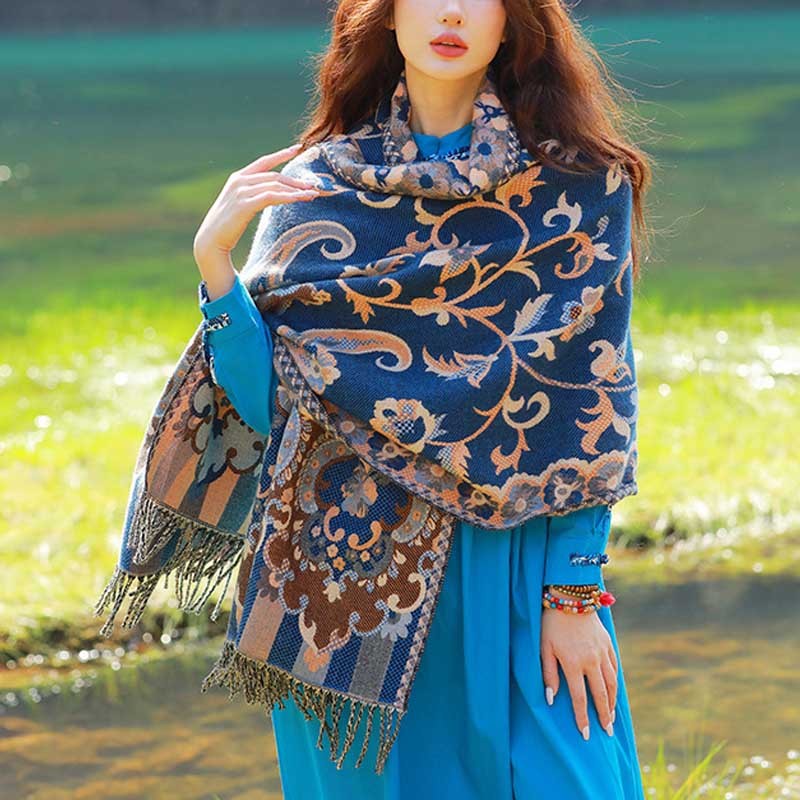 Tibetan Flowers Leaves Branch Design Tassel Shawl Cozy Travel Scarf Wrap