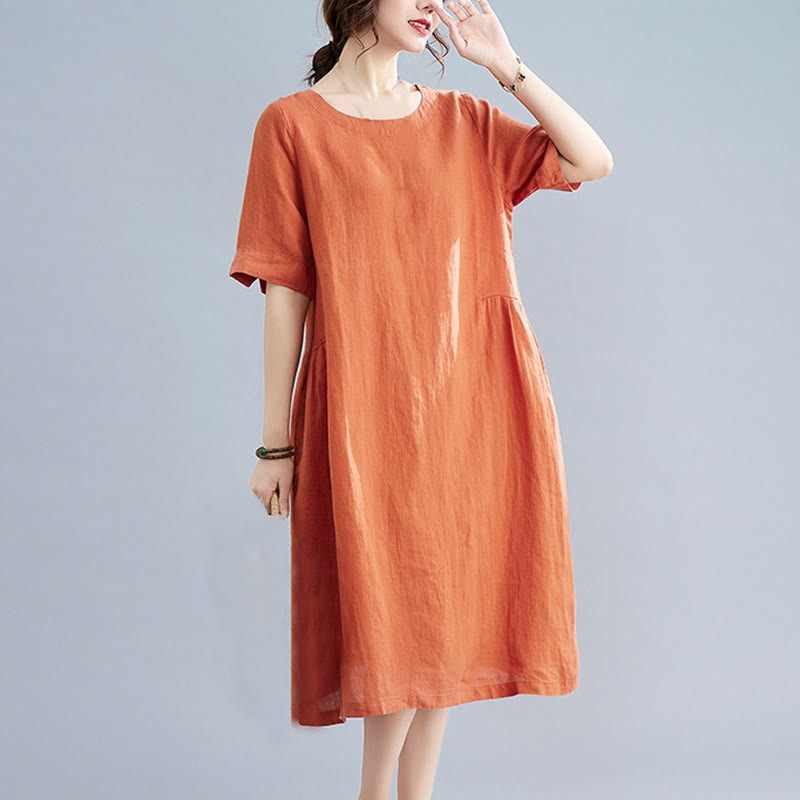 Casual Loose Solid Color Cotton Linen Crew Neck Half Sleeve Design Midi Dress With Pockets