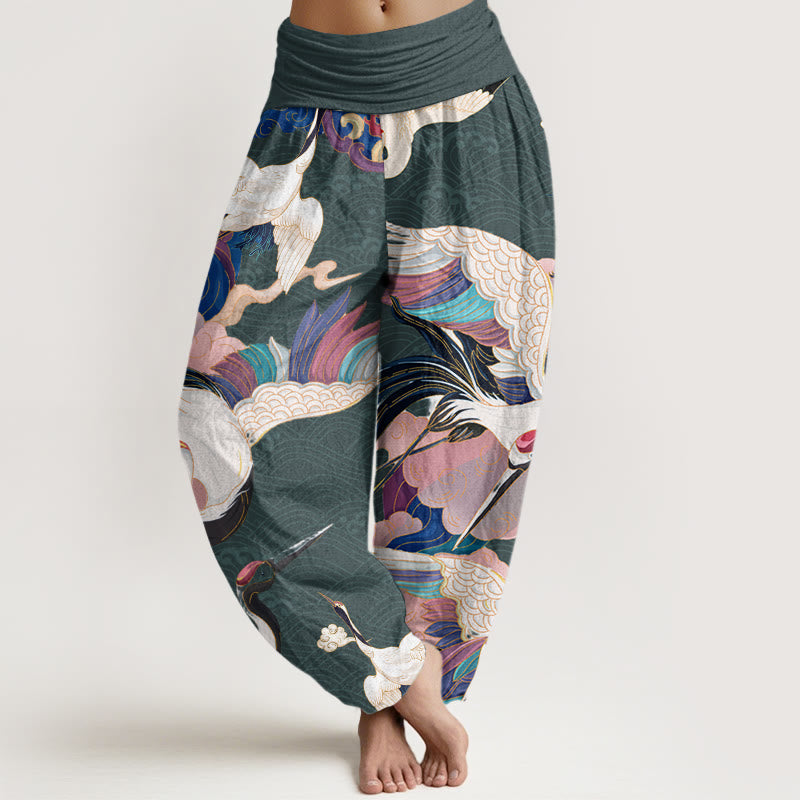Red-crowned Crane Cloud Pattern Women's Elastic Waist Harem Pants