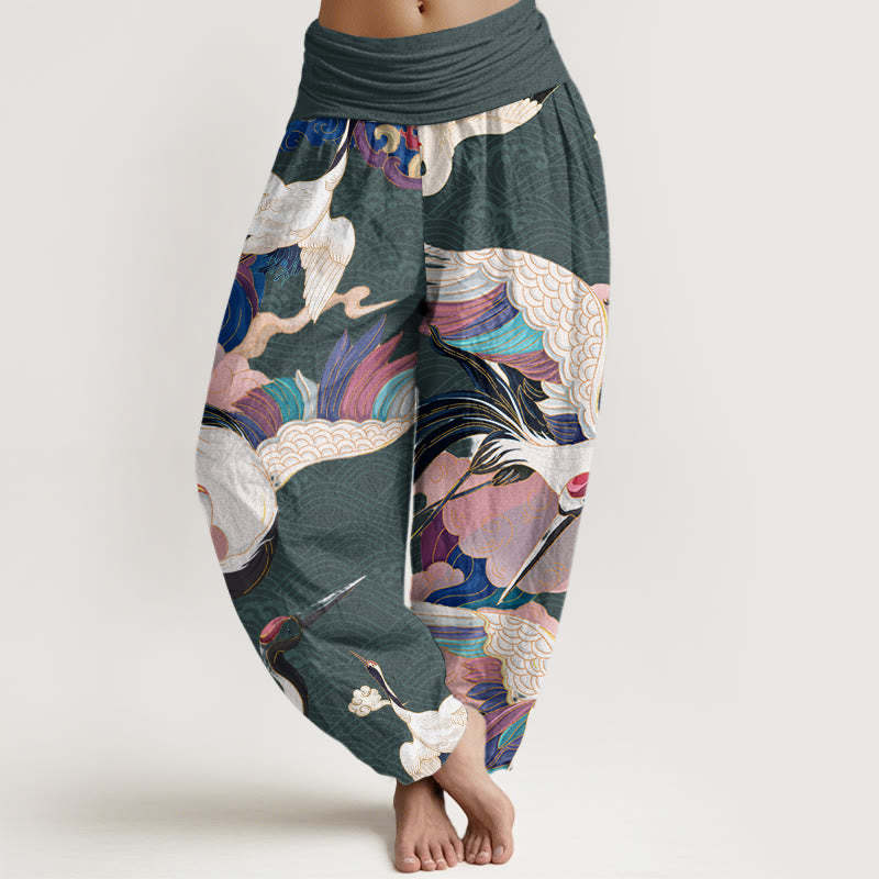 Red-crowned Crane Cloud Pattern Women's Elastic Waist Harem Pants