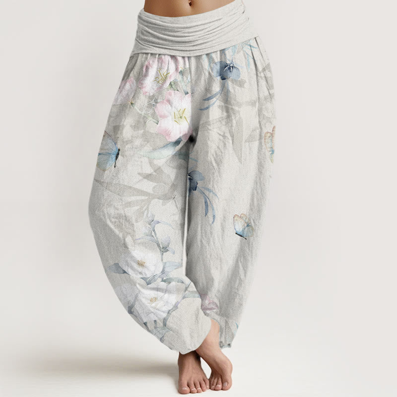 Cherry Blossoms?Hibiscus Butterfly Women's Elastic Waist Harem Pants