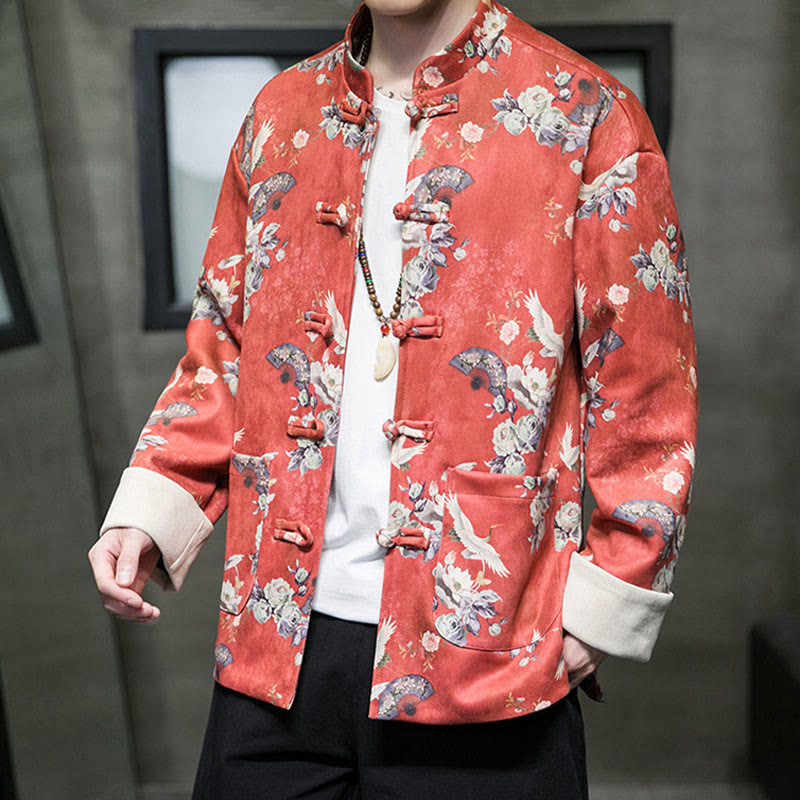 Chinese New Year Clothes Flowers Fan Birds Frog-button Tang Suit Cotton Men's Jacket Shirt With Pockets