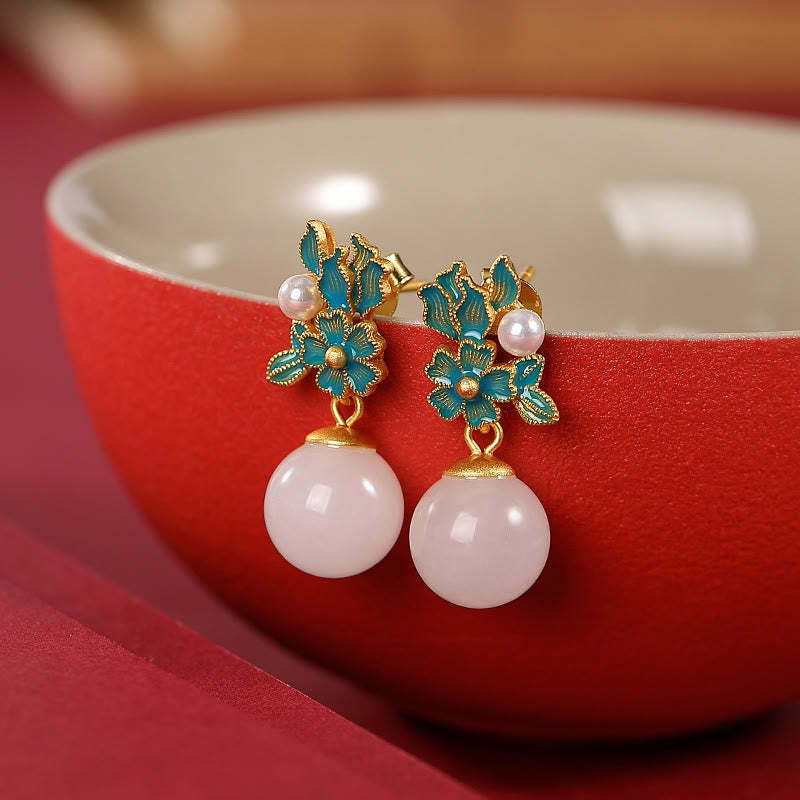 White Jade 925 Sterling Silver Pearl Flower Blessing Necklace Pendant Ring Earrings